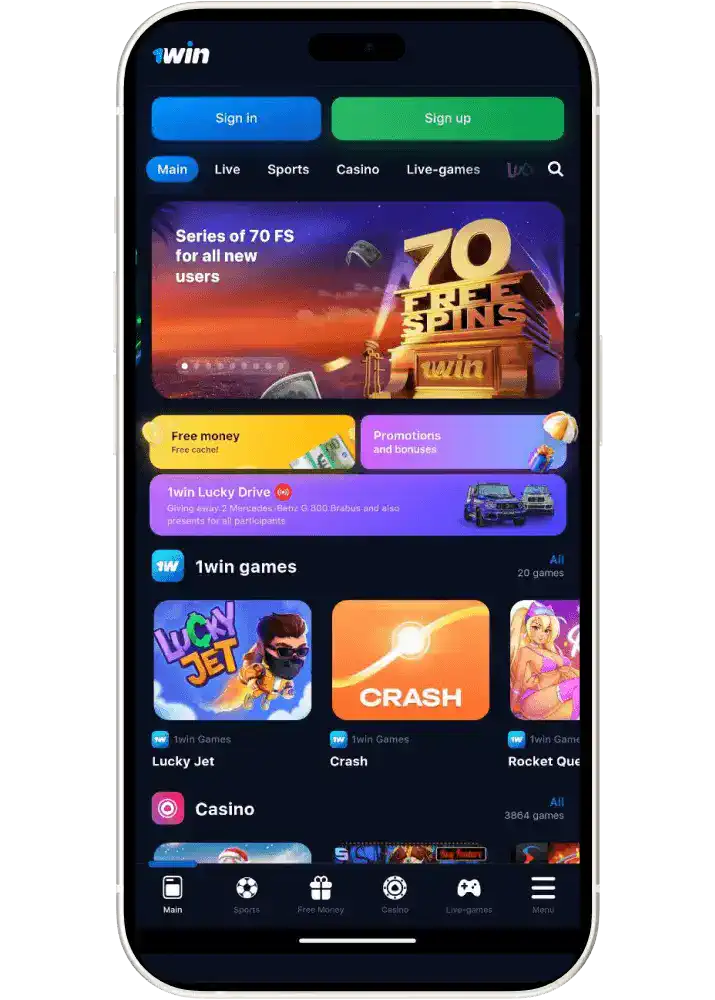 1win mobile app interface