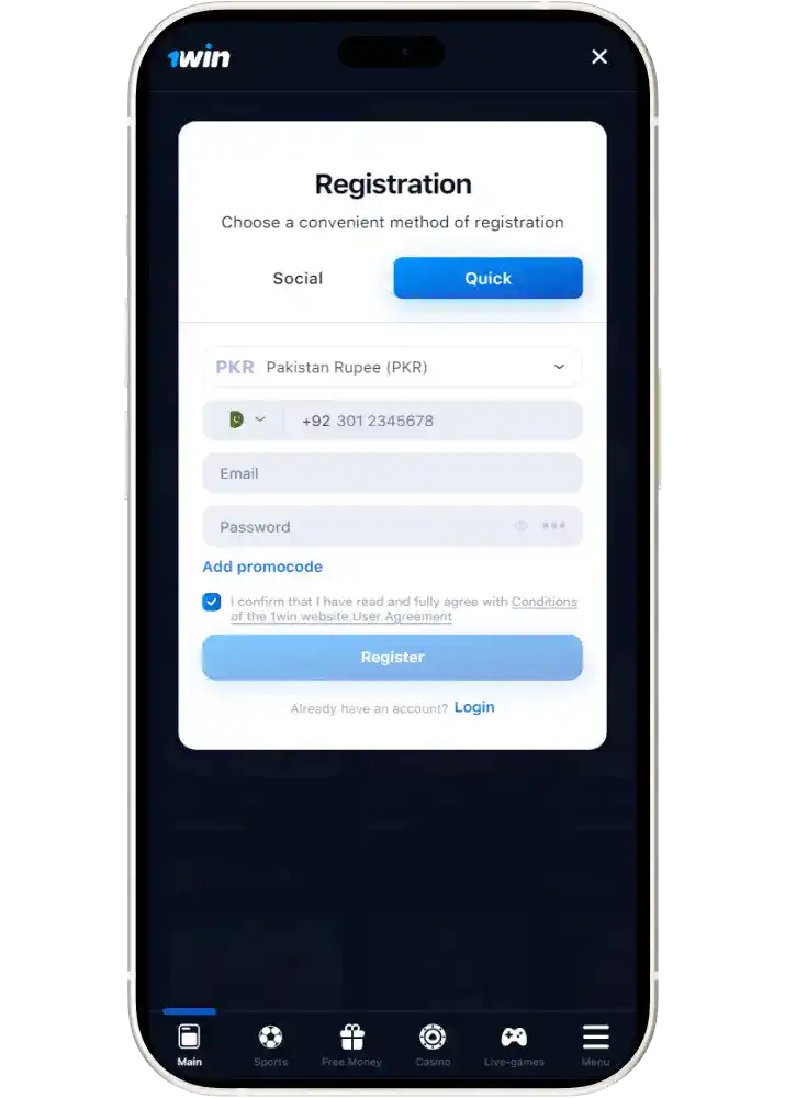 Registration process 1win Pakistan