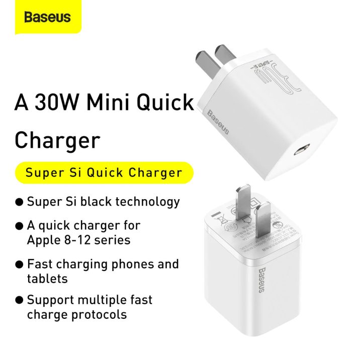 BASEUS Super Si 30W PD Mini Quick Wall Charger Travel Charger Type-C Port [US Plug]