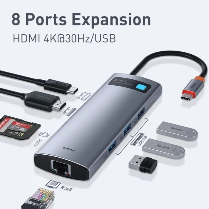 Baseus Metal Gleam Series 8 in1 USB-C To 3x USB 3.0 + HDMI + USB-C PD + Ethernet RJ45 + MicroSD-SD Hub
