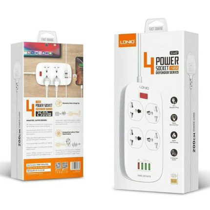 LDNIO SC4407 Power Strip With 4 Socket Outlets and 4 USB Port + Overload Protection QC 3.0 - White