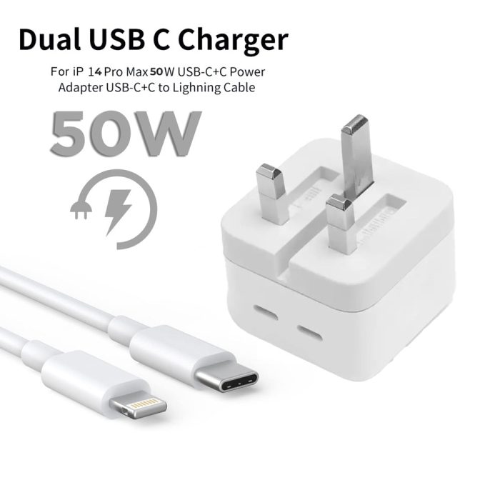 3 Pin (Uk Pin) 50w Usb-C+C Power Adapter With Usb-C To Lightening Cable