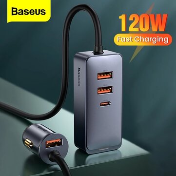 Baseus 120W 4-Port Car Charger PPS PD QC3.0 FCP AFC Fast Charging 1.5m Long Cable - 3 USB + 1 Type-C