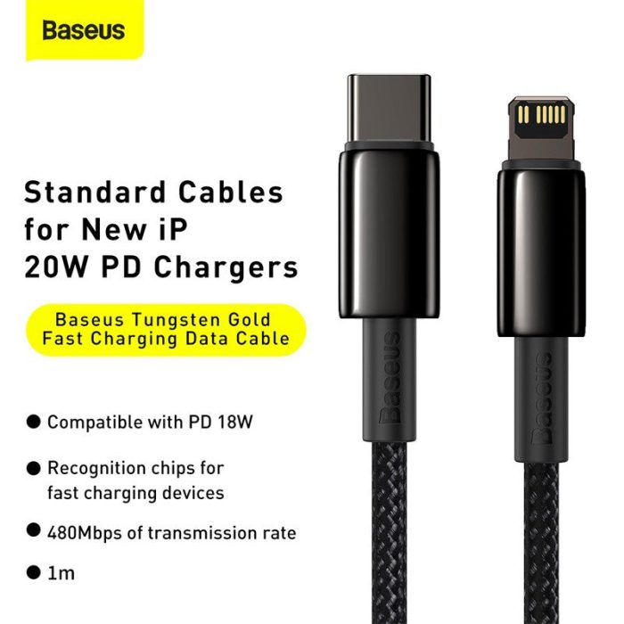 Baseus Tungsten Gold Fast Charging Data Cable Type-C To IP PD 20W 1m-2m Durable Zinc Alloy Nylon Braided Wire