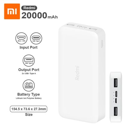 Xiaomi Redmi 20000mAh 2 USB Portable Battery Power Bank Fast Charge Type C Powerbank Charger Dual Usb Ports External Battery