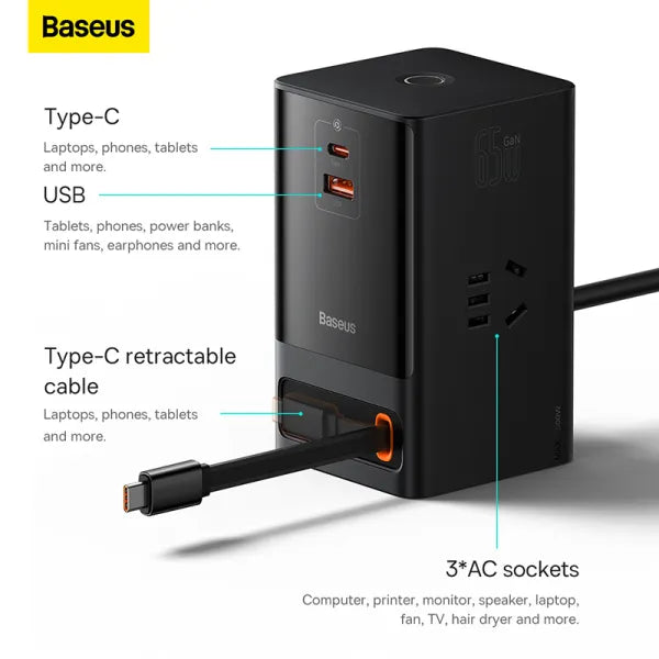Baseus Power Combo Digital PowerStrip 3AC+1U+1C+Retractable-C with Power Cord 1.5M 65W
