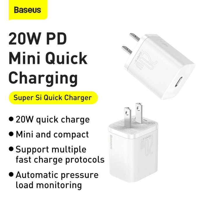 BASEUS Super Si 20W PD Mini Quick Wall Charger Travel Charger Type-C Port [US Plug]