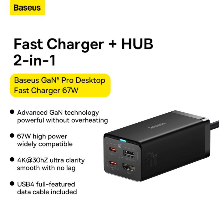 Baseus Gan5 Pro Desktop Fast Charger 67W with 1.5m Power  Cord (1U+2C+HDMI)