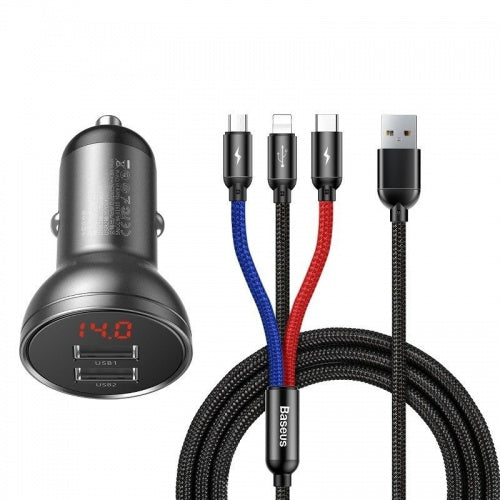 Baseus Digital Display Dual USB 4.8A Car Charger 24W with Three Primary Colors 3-in-1 Cable USB 1.2M
