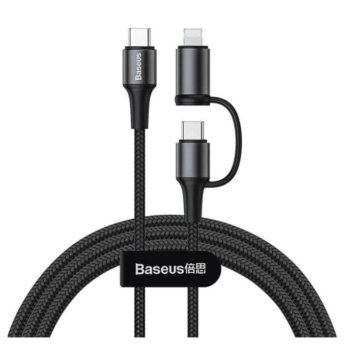 BASEUS CABLE TWINS 2 IN1 TYPE-C TO TYPE-C 60W (20V-3A) + LIGHTNING (5V-2A) 1M BLACK (CATLYW-01)