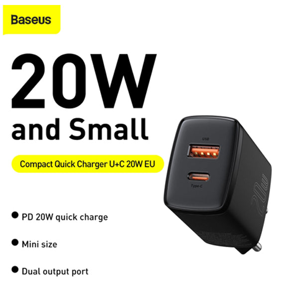 Baseus Compact Super Quick Charger Dual Port U+C 20W CN