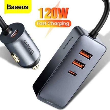 Baseus 120W 4-Port Car Charger PPS PD QC3.0 FCP AFC Fast Charging 1.5m Long Cable - 3 USB + 1 Type-C