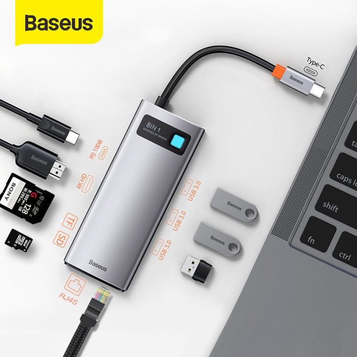 Baseus Metal Gleam Series 8 in1 USB-C To 3x USB 3.0 + HDMI + USB-C PD + Ethernet RJ45 + MicroSD-SD Hub