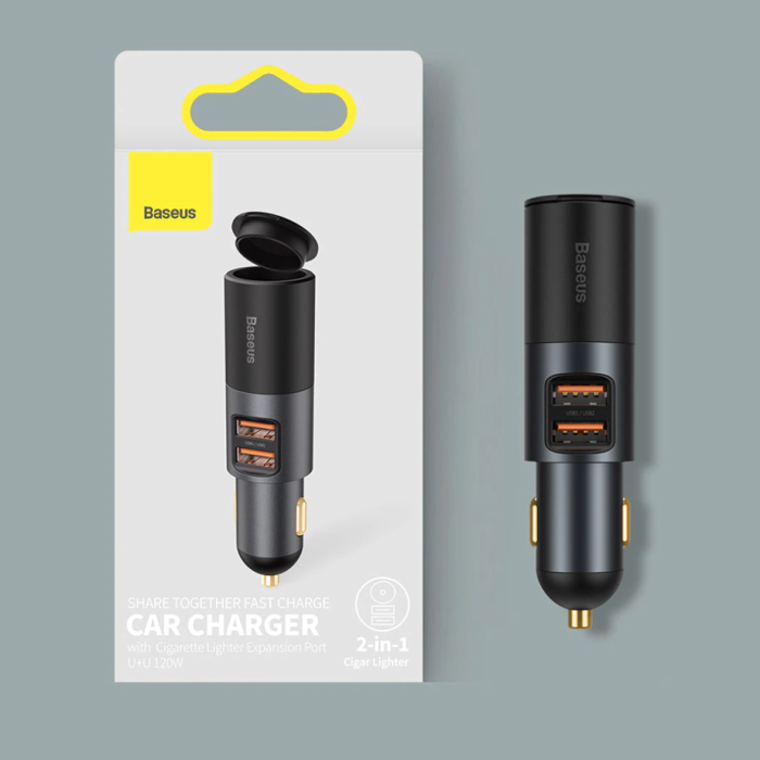 Baseus Share Together Fast Car Charger With Cigarette Lighter Expansion USB + Type C Port 120W