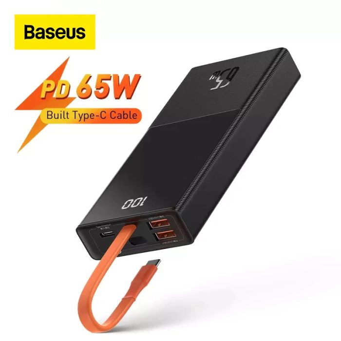 Baseus Power Bank 20000mAh PD 65W Fast Charging Portable Battery Built cable PowerBank