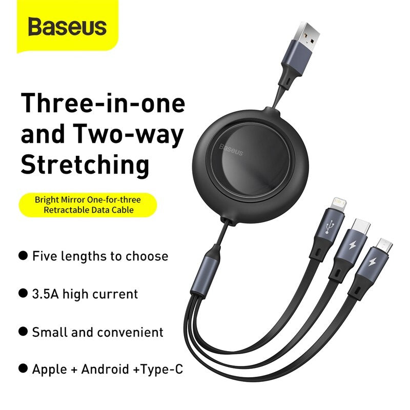 Baseus 3 In 1 Type C USB Cable For iPhone 12 13 Pro Max Retractable Micro  USB C Fast Charging For Huawei P40 Pro Xiaomi Samsung Date Cord: Buy Online  at Best