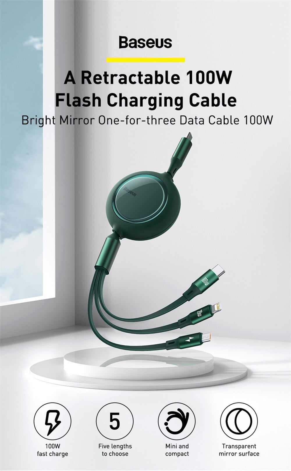 Baseus Bright Mirror One-for-three Retractable Data Cable Type-C To M+L+C  1.2m 100W – Worldwide Fast Shipping
