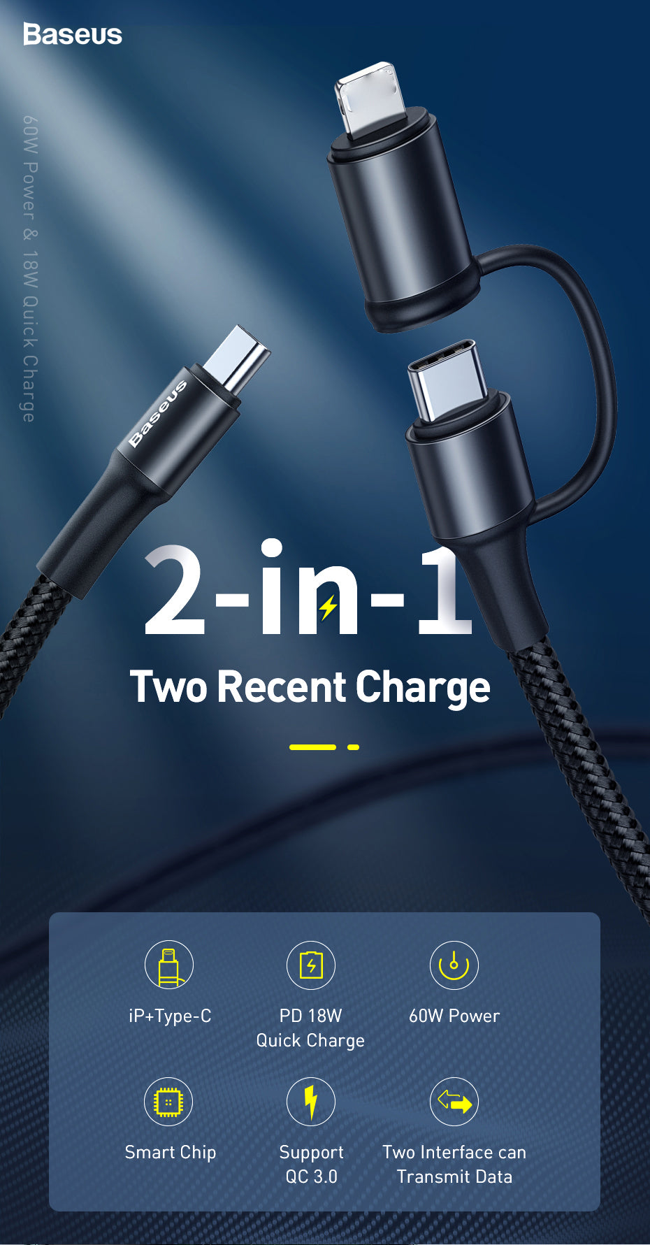 Baseus 2in1 60W Type C USB Cable Quick Charge Support Notebook Charger USB  Cable Data Wire Transmission Fast Charging USB Cable|Mobile Phone Cables| -  AliExpress