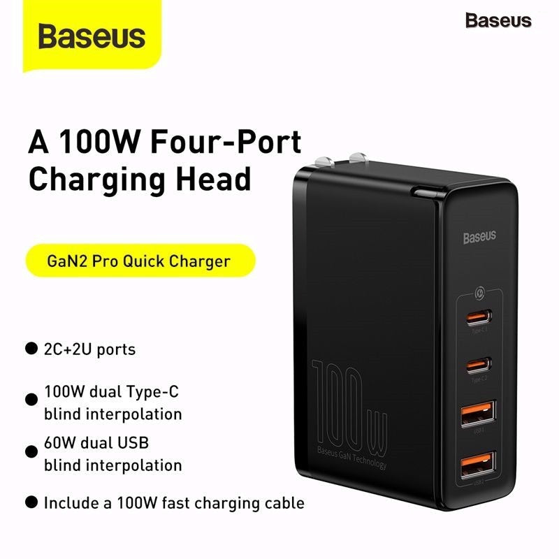 Baseus -Baseus Mall VN Bộ sạc nhanh Baseus GaN2 Pro Quick Charger 4 Ports  (100W, Type C*2 & USB*2, PD/ QC3.0/ QC4+/ PPS/ SCP/ FCP/ AFC/ Apple 2.41/  BC1.2, Multi Quick charge